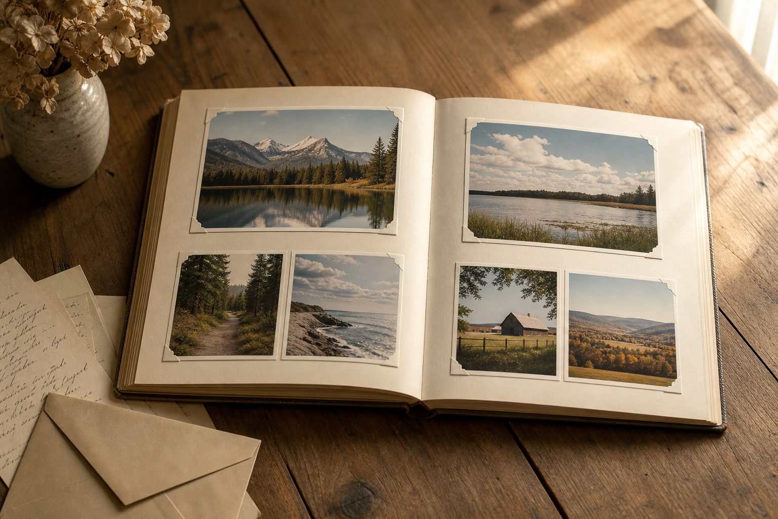 An open family photo album and handwritten letters on a wooden table in warm window light